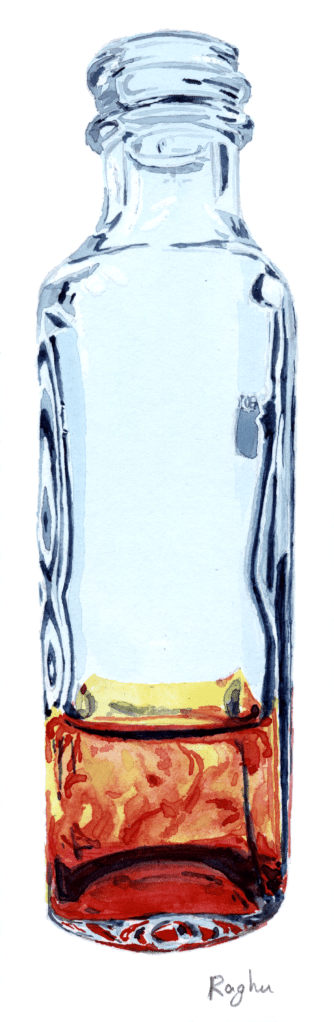 A watercolor painting of a clear bottle with yellow and red liquid.