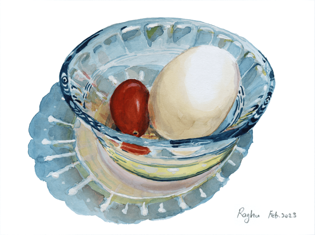 Watercolor painting of an egg and a cherry tomato in a glass bowl. -- RP